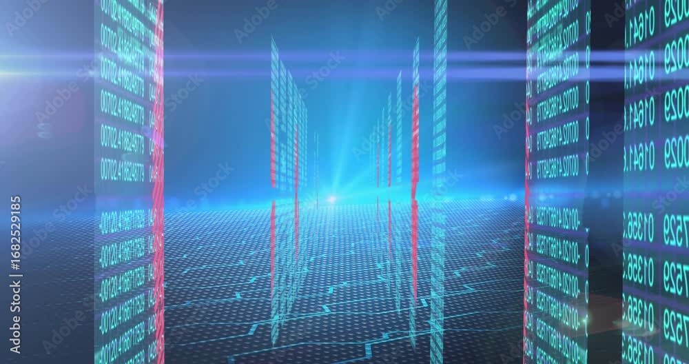 Wall mural animation of data processing and lights in navy digital space