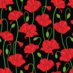 Vector illustration. Red poppy flowers on black background seamless repeat pattern. Best for wallpaper and home decor.
