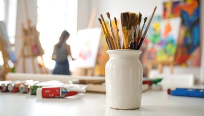 Art studio close-up paintbrushes in a vase, tubes of paint, and canvases in background, woman painting on an easel, soft lighting, creative workspace