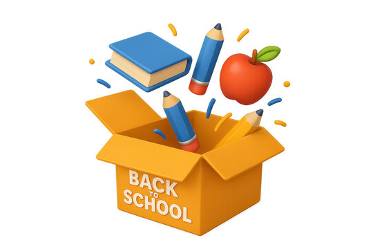 Back to school sale 3d illustration with open box containing book pencil and apple playful and colorful design for education and learning concept