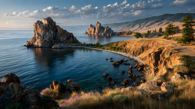 View from Olkhon island toMaloe More or Small Sea oflake Baikal and mainland nar Yalga village. Picturesue summer landscape, beautful natural background. Dicovering distant places ofEarth