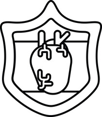 A black and white drawing of a heart with a shield around it