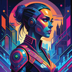 Futuristic Robotic Woman Digital Illustration, Abstract Geometric Profile with Vibrant Colors and Cinematic Lighting