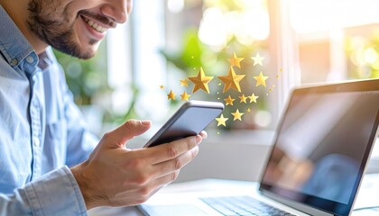 A smiling man in a light blue shirt uses his phone while five gold stars float above. A laptop sits on the table, out of focus. Sunlit background