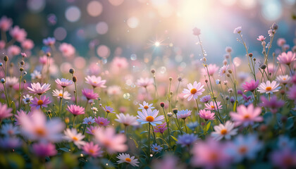 Obraz premium Pink White Daisy Flowers Blooming in Sunlit Garden with Soft Bokeh and Warm Light