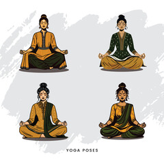 Female yoga pose in kurti, pastel soft tones, wellness and meditation concept, cultural fitness illustration.