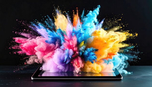 A digital tablet emits a vibrant explosion of colorful powder paints against a dark background, creating an impressive display of color and texture