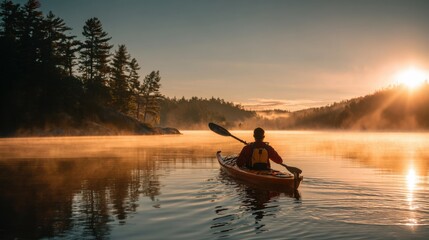 A powerful shot of a solo kayaker paddling with a strong, focused stroke on a calm, pristine lake at sunrise. The morning mist hovers over the water.