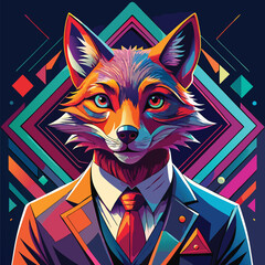 Vibrant Geometric Anthropomorphic Fox Portrait, Digital Pop Art Character in Suit, Psychedelic Neon Illustration
