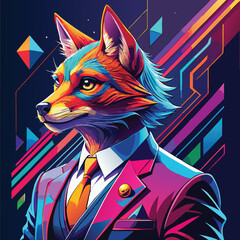 Vibrant Geometric Anthropomorphic Fox Portrait, Digital Pop Art Character in Suit, Psychedelic Neon Illustration
