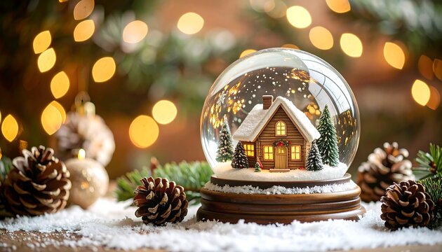 A Christmas snow globe sits on a wooden surface, surrounded by pine cones and fairy lights