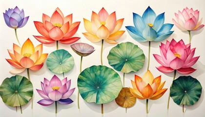 Watercolor lotus flowers, vibrant and colorful, arranged with leaves and seed pods on a light background, creating a serene and artistic floral display