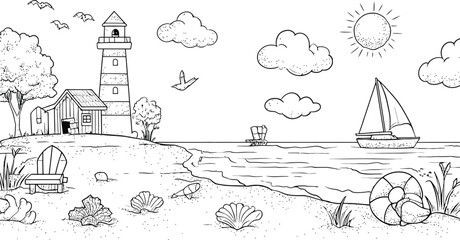 Naklejka premium Coastal Scene Line Art – Lighthouse, Beach Elements, Sailboat & Seaside Wildlife