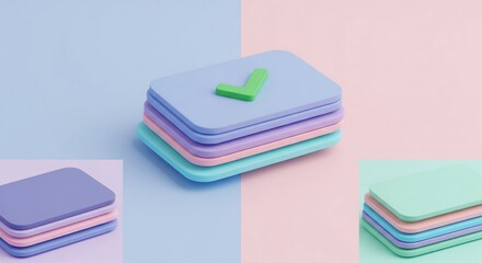 Stack of Pastel Colored Cards with Green Check Mark for Confirmation Process