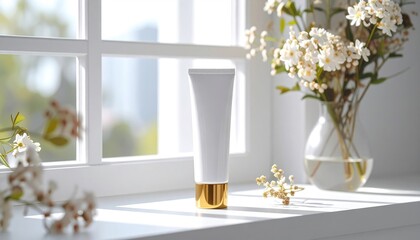 A white tube with a gold base stands on a windowsill, framed by blossoming branches and white grid window, bathed in soft, natural sunlight
