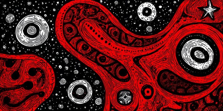 A vibrant design featuring flowing red patterns, intricate white circles, and cosmic black background.