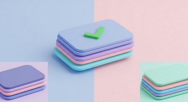 Stack of Pastel Colored Cards with Green Check Mark for Confirmation Process