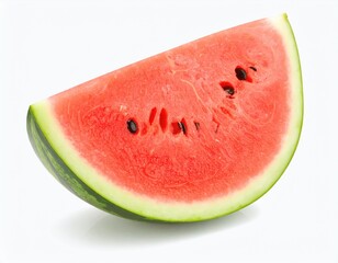 A vibrant wedge of ripe watermelon with dark seeds, contrasting its bright red flesh and green rind, sitting on a reflective white surface