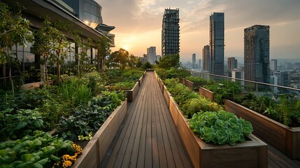 Fototapeta premium Sustainable rooftop garden in modern urban city with wide sky view and skyline, eco-friendly outdoor terrace concept for clean energy, green lifestyle, environmental protection and wellness ideas.