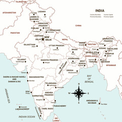 Image of Outline of India Map with Labelled States Name and Capital Star Mark vector illustration  printed on Printed Glass Splashbacks