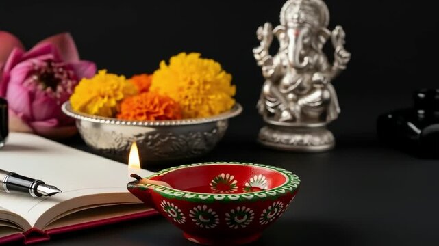 An auspicious Indian writing Shubha Labh means 'Goodness' & 'Wealth', over Red accounting note book / 'bahi khata' with goddess Laxmi, diya, sweets and lotus and pen with ink on laxmi pujan, on diwali