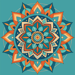 Mandala Vector Illustration, Intricate Turquoise and Orange Geometric Design, Symmetrical Spiritual and Meditative Art