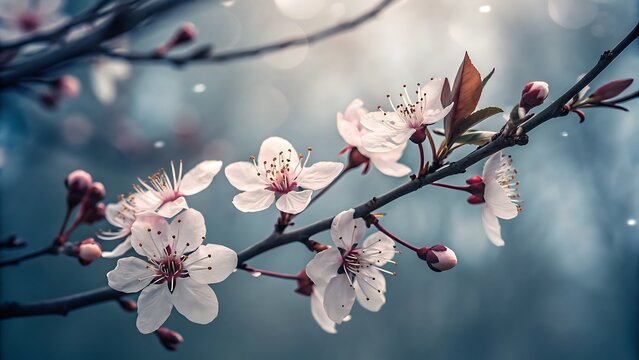 Delicate White Cherry Blossoms on a Branch in Soft Blue Light Keywords: cherry blossoms, flowers