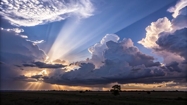 Dramatic crepuscular rays pierce through stormy clouds over savanna landscape sunset sunrise