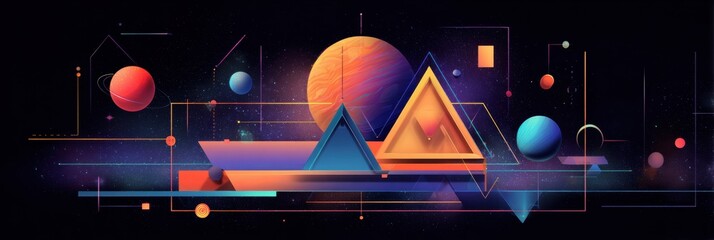 Colorful Abstract Composition of Geometric Shapes With Planets and Cosmic Background During Night