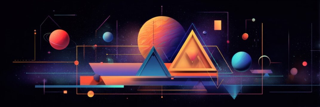 Colorful Abstract Composition of Geometric Shapes With Planets and Cosmic Background During Night
