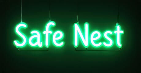 Bright green neon sign displays Safe Nest. Hanging wires support glowing text against dark background. Simple, clean design.