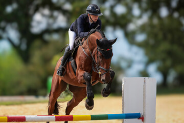 Close-up portraits of a show jumper jumping over an obstacle in a competition.