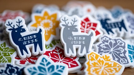Fototapeta premium Colorful Winter Stickers with Reindeer and Snowflake Designs on White Background