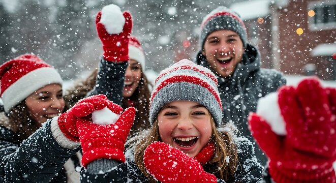 Joyful friends playing snowball fight in winter snow, wearing santa hats and red mittens