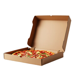 A delicious pepperoni pizza sits ready for delivery in an open cardboard box against a black background.