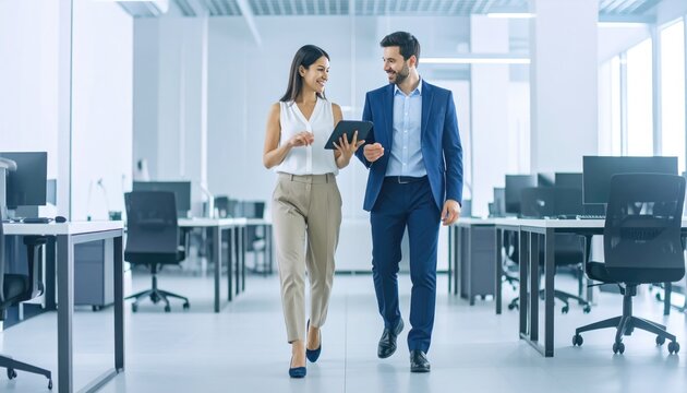 Two coworkers in formal attire walk through an airy, modern office, the woman holds a tablet, both are smiling and engaged in conversation - Powered by Adobe