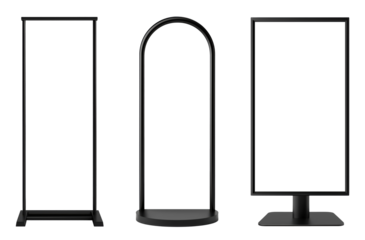 Set of three different black display stands isolated on transparent background