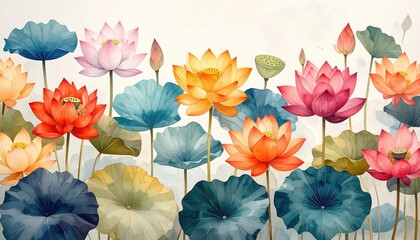 Vivid array of colorful lotus flowers with broad leaves against a soft, diffused background in a watercolor style composition