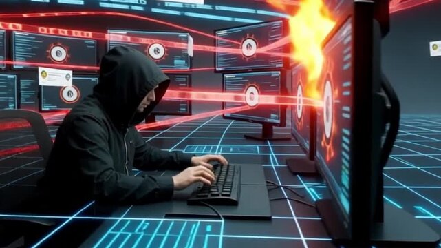 Cinematic Hacker in Dark Room with Holographic Cyberattack Symbols