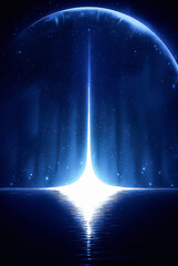 Cosmic Reflection and Light Beam on Water at Night