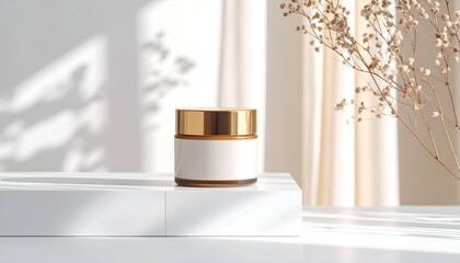 A minimalist cosmetic product mockup featuring a glass jar with a gold lid on a white podium, set against a backdrop of dappled sunlight, shadows, and dried botanicals