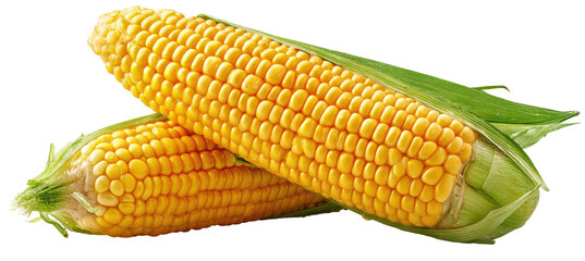 Two yellow corn cobs with vibrant green husks