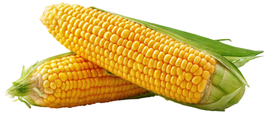 Two yellow corn cobs with vibrant green husks