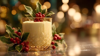 Intricately Detailed Holiday Eggnog with Vibrant Mistletoe Garnish Radiating Festive Romance and Seasonal Warmth