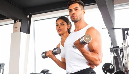 Man and woman in workout attire lift dumbbells in a bright, modern gym. They are focused, healthy, and work out together