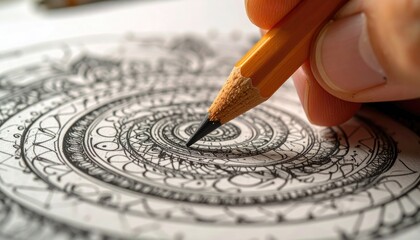 Close-up of a hand drawing a detailed spiral pattern with a graphite pencil on white paper, creating intricate concentric circles and lines
