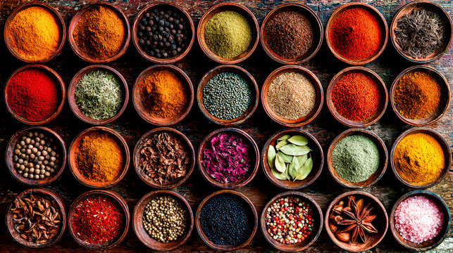 Spice palette: bowls with spices on wooden table - top view