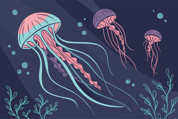 World Jellyfish Day Vector Illustration, Graceful Bioluminescent Sea Creatures in Deep Ocean Design