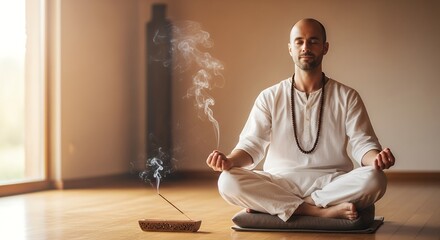 Calm Man Meditating in White Clothes Sitting Crosslegged Indoors with Incense Smoke