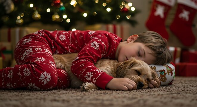 A young boy sleeps peacefully with his dog by the christmas tree, wearing festive pajamas